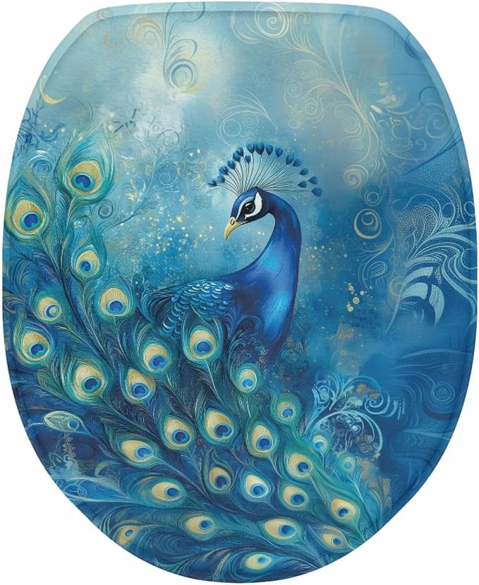 Peacock Toilet Seat Cover for Bathroom Animal Peacock Toilet Seat Pads Dust Cover Reusable Replacement Fabric Elastic Universal Fit Elongated Oval Round Lid,Easy to Clean