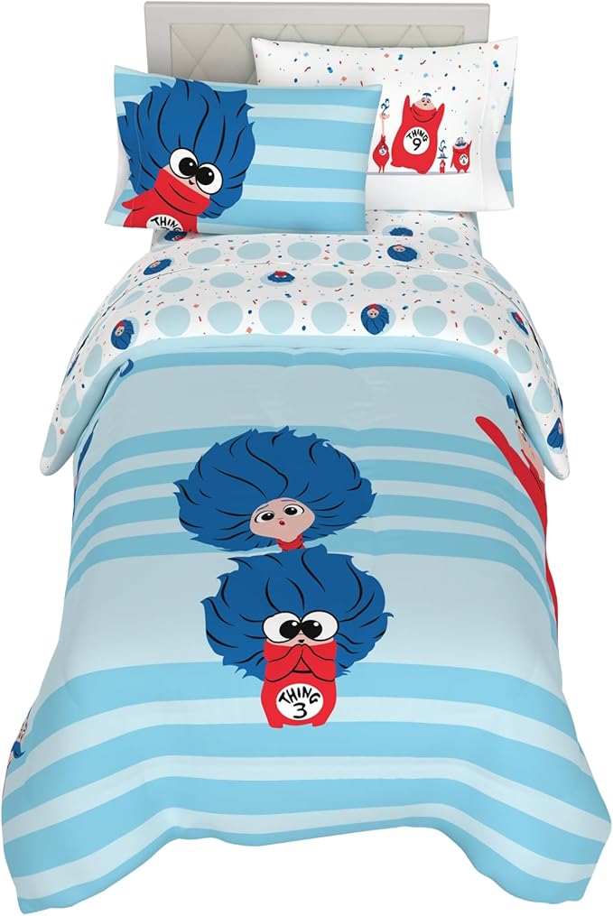 Dr Seuss The Cat in The Hat Movie Bedding Set, Twin Size 4 Piece Kids Super Soft Cozy Reversible Comforter and Sheet Set, Thing 1, Thing 2, Thing 3 (Officially Licensed Product) By Franco | Durable, Reversible, Officially Licensed