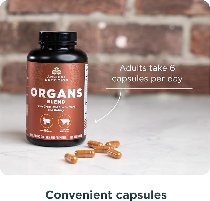 Ancient Nutrition Organ Supplements, Grass-Fed and Wild Organ Complex Capsules, Liver, Heart, Kidney Supports Organ, Cognitive, and Immune System Health, 180 Ct