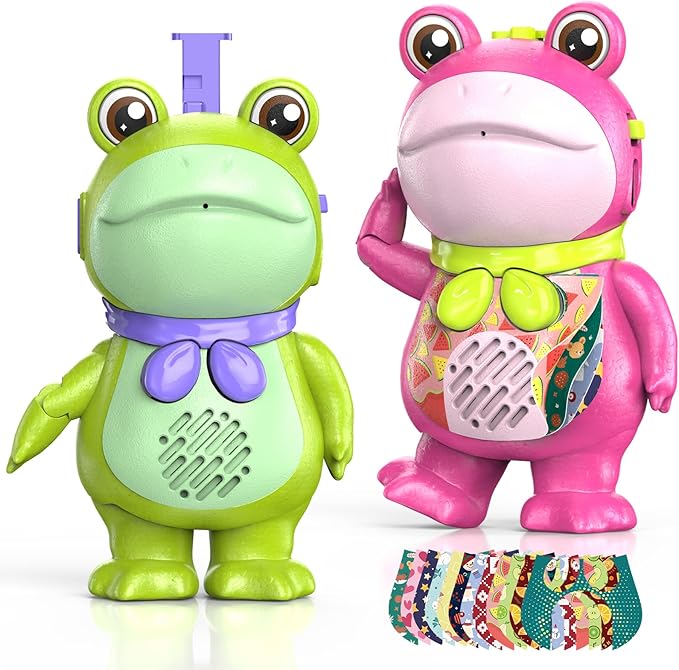 Toddler Walkie Talkies for Kids Rechargable, DIY Dress-Up Saluting Frog Toys, 2 Pack Cute Indoor Outdoor Playset with Stickers, Birthday for 3 4 5 6 7 8 Year Old Girls Boys