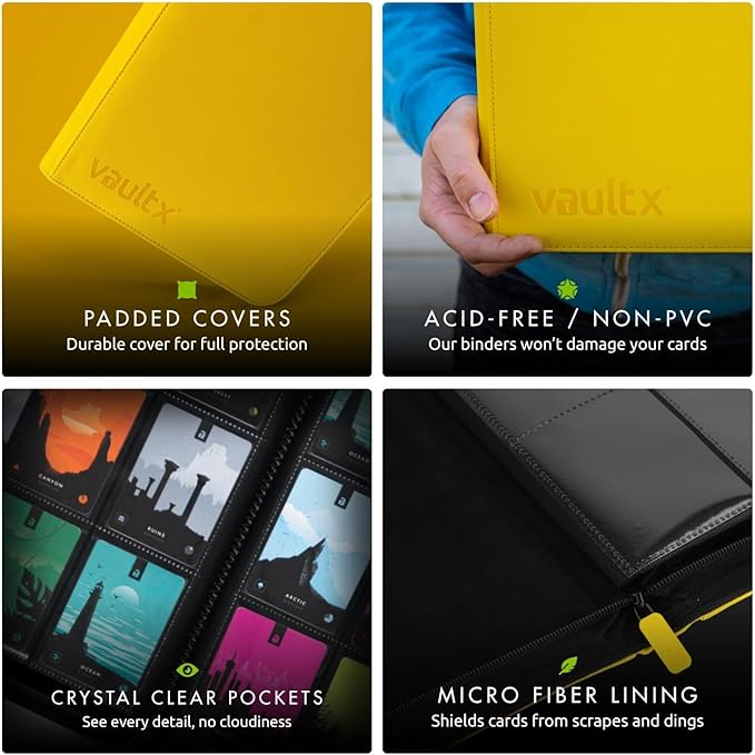 Vault X 12 Pocket Zip Binder, 480 Cards, Exo-Tec Material, 20 Side-Loading Pages (Yellow)