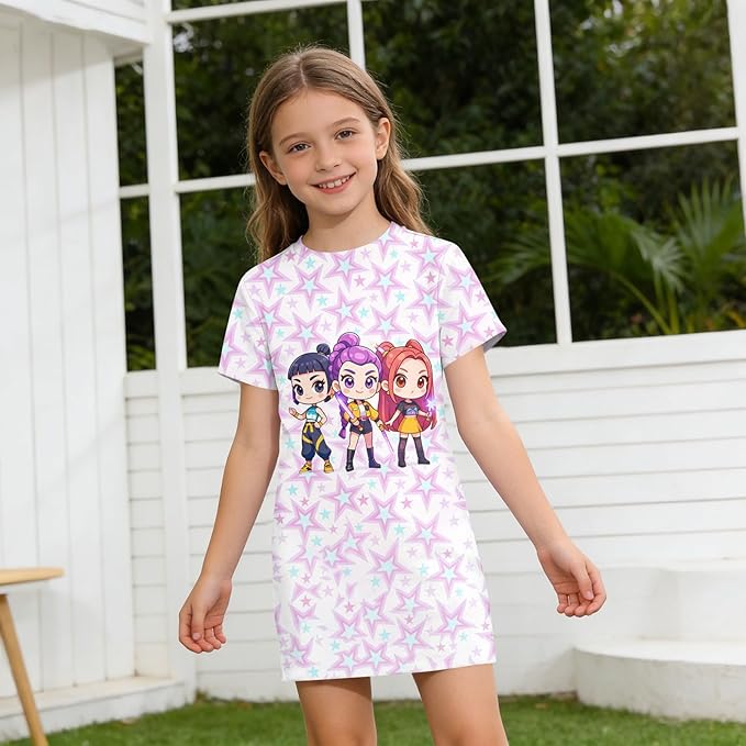 Girl's Anime K-POP Graphic Long Dress T-Shirt - Casual Loose Fit Short Sleeve Top