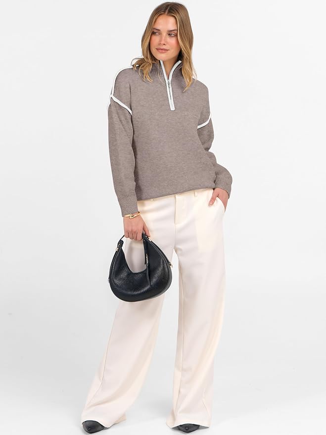 ANRABESS Womens Quarter Zip Sweaters Fall Long Sleeve V Neck Shirts Collared Business Casual Tops Knit Pullover Sweatshirts