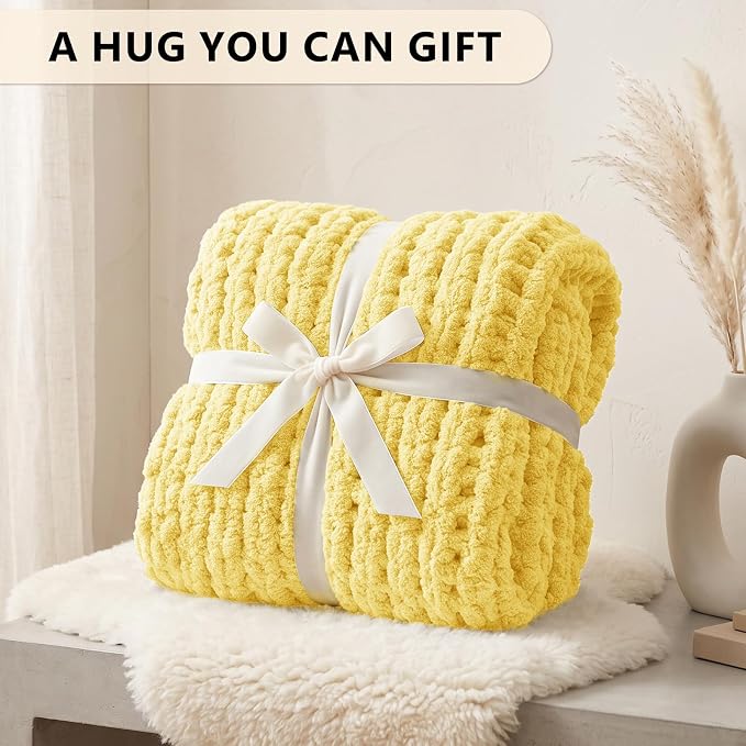 L'AGRATY Chunky Knit Throw Blanket for Couch, 50 x 60 Inches, Egg Yellow | Handmade Chenille Crochet Blanket for Sofa Bed, Thick Cable Knitted Blankets for Room Home Decor, Birthday Gift for Women Mom