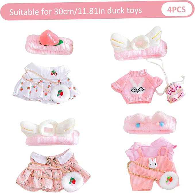 4 Set Clothes for Stuffed Animals Plush Stuffed Animal Clothes for Duck with Headbands, T-Shirts, Skirts and Bags DIY Animal Accessories for Kids to Improve Hands-On Skills