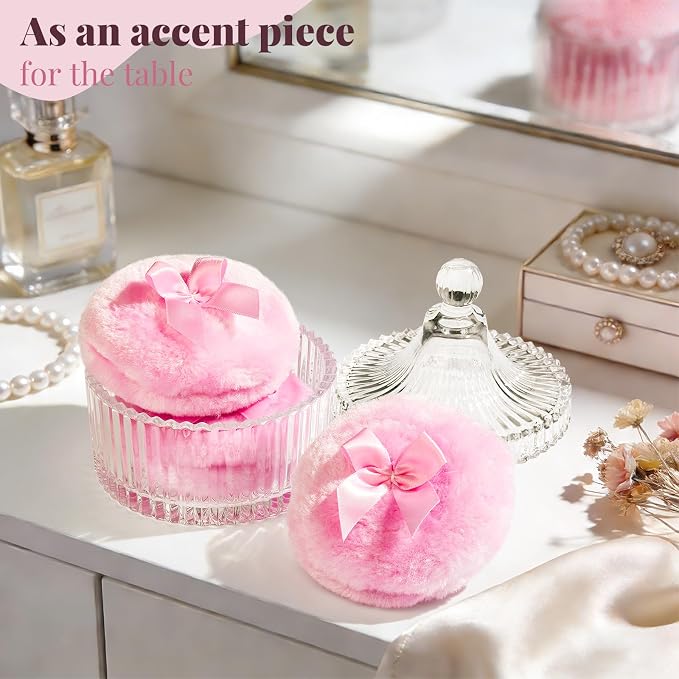Teenitor 4pcs Powder Puff Soft Powder Puff and Container, Dusting Powder Container with Puff, Glass Crystal Case for Soft Velour Body Powder Puff Pink