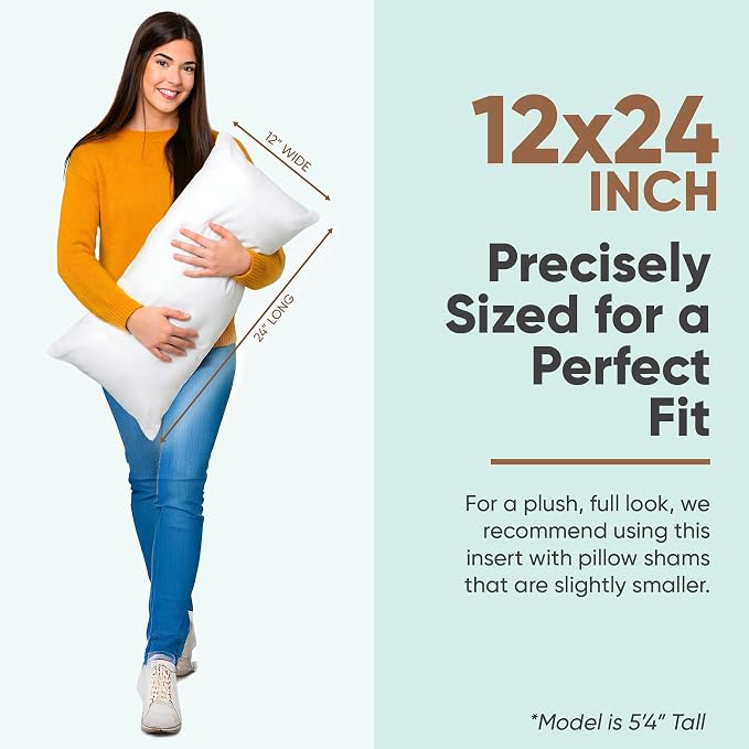 Pillowflex Synthetic Down Pillow Insert 12x24 in - Karate Chop Pillow | Large Rectangle Sham Form, Plush Polyester Cotton Blend, Cloud-Like Comfort, Clump-Resistant Fill, Smooth Elegant Finish