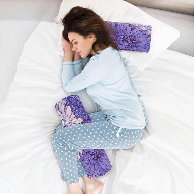 Cartoon Chrysanthemum Flowers and Lavender Neck Roll Pillow Bolster Round Health Memory Foam Long Cervical Cylinder Pillows with Removable Washable Cover for Body Bed Legs Back Yoga