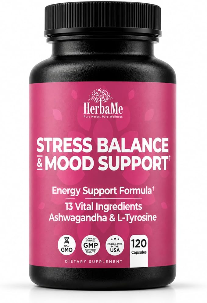 HerbaMe Stress & Mood Support Supplement with Ashwagandha & L-Tyrosine, Energy & Focus Formula, Helps Maintain Balanced Stress Response, 120 Capsules