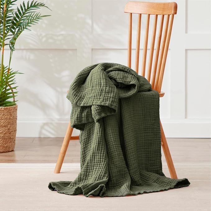 100% Cotton Muslin Blanket 50" x 60", Breathable and Lightweight Cotton Throw Blankets for Couch, Soft Cooling Summer Gauze Blanket for Adults All Season, Olive Green