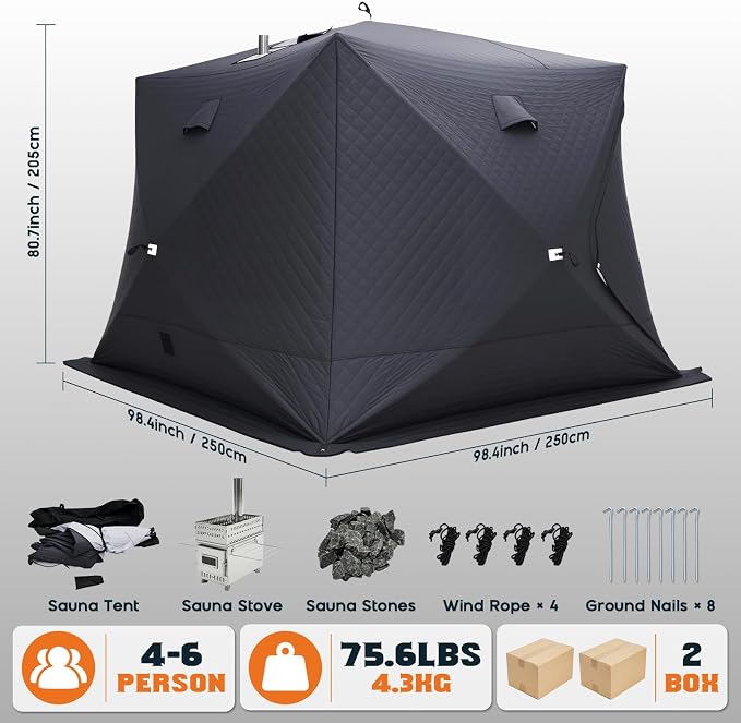 Albott Outdoor Sauna Tent with Wood Burning Stove, 4-6 Person Portable Sauna Tent, 8.2 x 8.2 x 6.7 FT, 3-Layer Thermal Oxford Fabric, Pop-Up Setup, Open-View Windows, Ground Nails & Wind Ropes, Grey