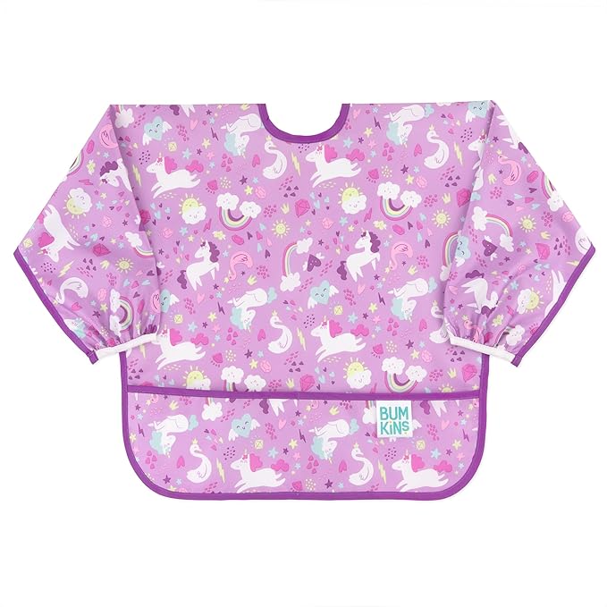 Bumkins Sleeved Bib for Girl or Boy, Baby and Toddler for 6-24 Mos Essential Must Have for Eating, Feeding, Baby-Led Weaning Supplies, Long Sleeve Mess Saving Food Catcher, Soft Fabric, Unicorn Purple