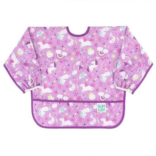 Bumkins Sleeved Bib for Girl or Boy, Baby and Toddler for 6-24 Mos Essential Must Have for Eating, Feeding, Baby-Led Weaning Supplies, Long Sleeve Mess Saving Food Catcher, Soft Fabric, Unicorn Purple