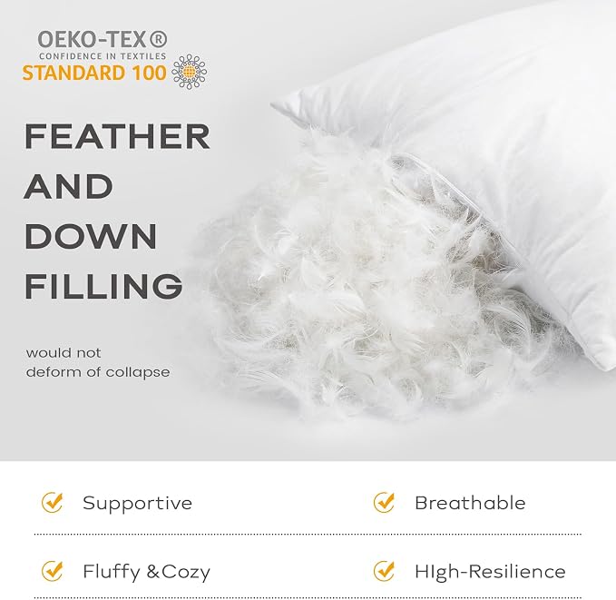 SAVORI Set of 2 Down and Feather Throw Pillow Inserts 26x26 Soft Fluffy Pillow Inserts with 100% Down-Proof Cotton Cover, Decorative Square Cushion Inner for Sofa Couch Bed-White