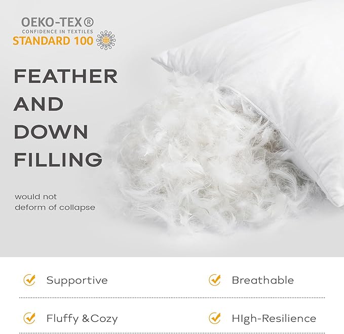 SAVORI Set of 2 Down and Feather Throw Pillow Inserts 20x20 Soft Fluffy Pillow Inserts with 100% Down-Proof Cotton Cover, Decorative Square Cushion Inner for Sofa Couch Bed-White