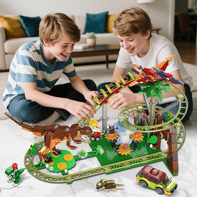 HOGOKIDS Dinosaur Roller Coaster Building Set - 1222PCS Rollercoaster Building Toy with 4 Dinosaur, Off-Road Vehicle, Food Cart, Dinosaur Models Playset Gift for Adults Kids Girls Boys Ages 8-12 Year
