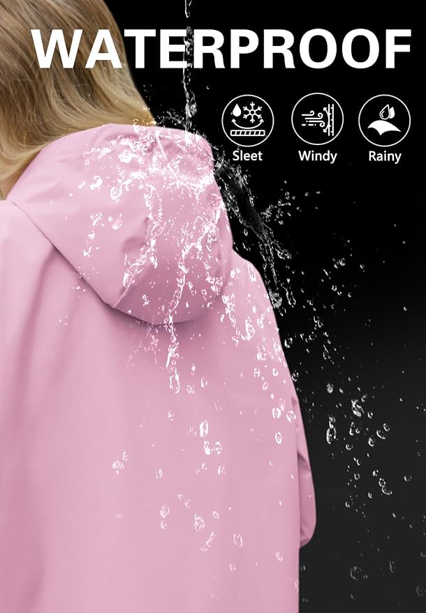 Zando Long Packable Rain Jacket Women Waterproof Raincoat with Hood | Relaxed-Fit Lightweight Windbreaker for Women; Travel Rain Coats for Commute, Hiking, Cruise, and Daily wear