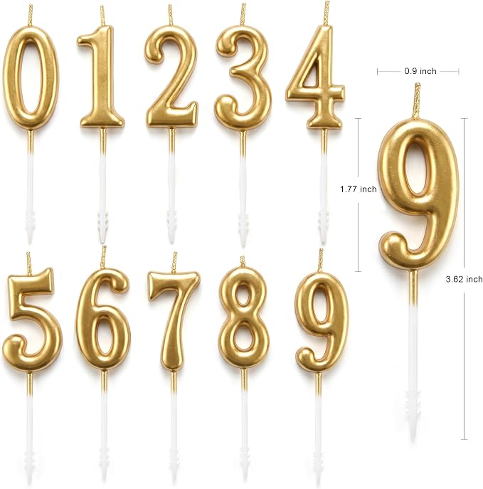 PHD CAKE 10-Pieces Champagne Gold Number Birthday Candles, Cake Numeral Candles Number 0-9 Glitter Cake Topper Decoration for Birthday,Wedding Anniversary,Party Celebration