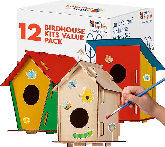 12 DIY Bird House Kits For Children to Build - Wood Birdhouse Kits for Kids to Paint - Unfinished Wood Bird Houses to Paint for Kids - Wood Craft Project Kits - Wooden Arts & Craft for Girls & Boys