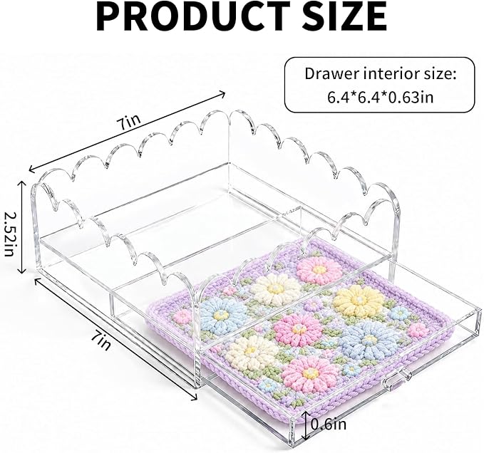 Scalloped Acrylic Tray, 7" x 7" Clear Acrylic Tray with Drawer for Needlepoint,Jewelry,Insert Photos, Art, Fabric, Napkin and Messages Display Basket, Decorative Tray Gift for Home Decor