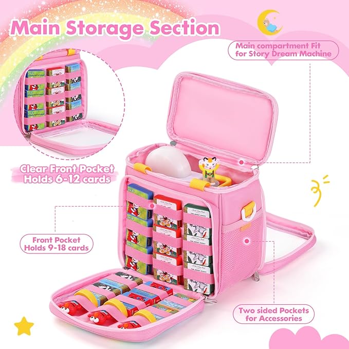 Carrying Case Compatible with Little Tikes Story Dream Machine Books Starter Set and Accessories,Portable Storage Bag for Story Books and Character with Handle and Shoulder Strap (Pink)