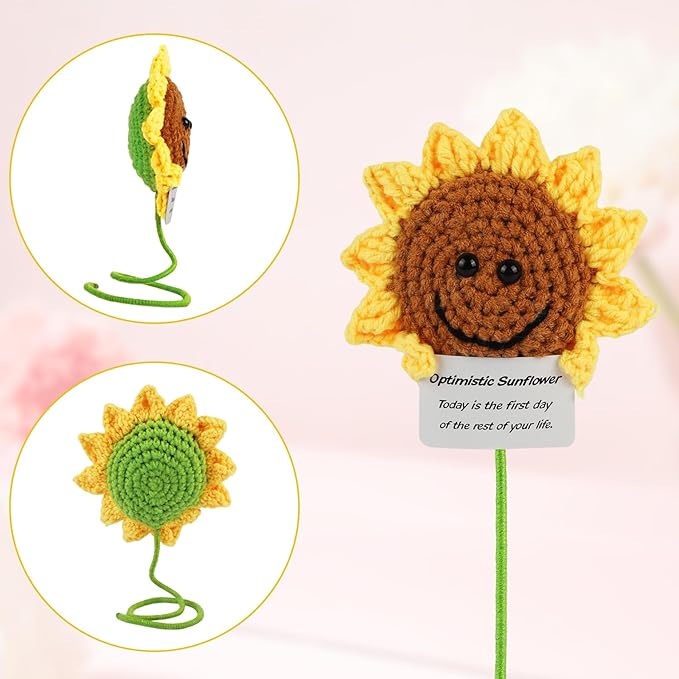 Hoedia Handmade Emotional Pickle Gift, Cucumber Crochet Doll Inspirational Gifts with Cards, Cute Knitted Funny Support Pickle Potato Friend Birthday (Positive Sunflower)
