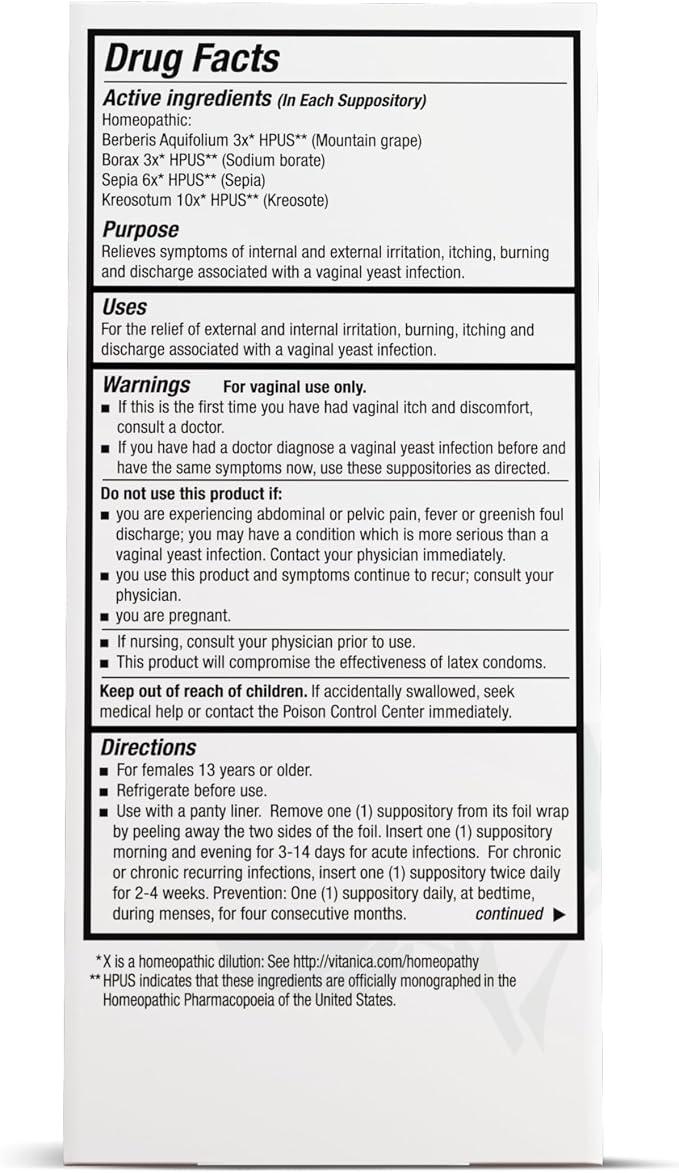 Vitanica Yeast Arrest, Homeopathic Vaginal Suppositories, for Yeast Infection Symptoms, Relieves Burning, Itching & Discharge, with Boric Acid, Tea Tree Oil & Probiotics, Vegan (Yeast Arrest Pro Logo, 28)