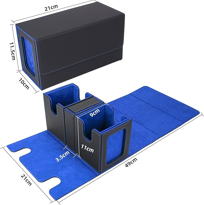 AFIING MTG Commander Card Storage Box - Fits 200 Double Sleeved Cards,3-in-1Card Deck Case,Strong Magnet Card Organizer For Magic Commander TCG CCG,4Dividers &2 Toploaders, Black/Blue