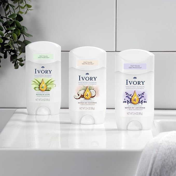 Ivory Aluminum Free Deodorant, Notes of Coconut, 24hr Gentle Deodorant, Dermatologist Tested, Baking Soda Free, Paraben Free, 2.4 oz