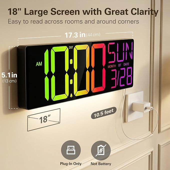 JALL 17.98" Large Digital Wall Clock with RGB Lights & Remote, Digital Clock with Bluetooth Sync & DST, Wall Clock with Temperature & Seconds Display, Clocks for Living Room, Seniors