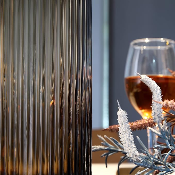 Large Cylinder Ribbed Brown Glass Flower Vase for Farmhouse Dining Table Centerpieces Decor