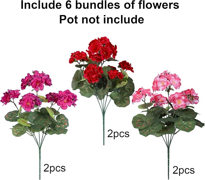 Artificial Geraniums Fake Flowers for Outdoors Decoration, 6 Bundles Silk Geraniums Flower UV Resistant Look Real Faux Plants for Front Door Garden Porch Planter Patio Balcony Yard Indoor Home, Mix