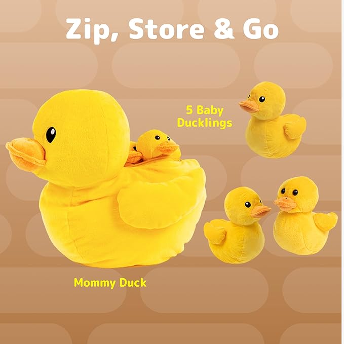 PREXTEX Plush Duck Toys Stuffed Animal with 5 Ducks Baby Stuffed Animals - Big Duck Zippers 5 Little Plush Baby Ducklings - Duck Plush Toys for Kids 3-5 - Duck and Duckling Toy - Gift for Duck Lovers