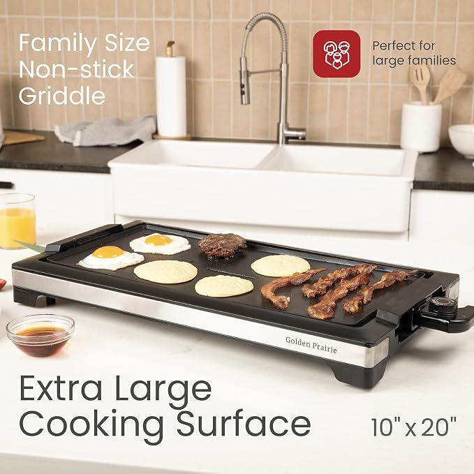 Indoor Grill & Electric Griddle, 1800W 20-Inch XL Nonstick Electric Skillet Griddle with Adjustable Temperature & Drip Tray, Easy to Clean – For Breakfast, Pancakes, Eggs, Teppanyaki