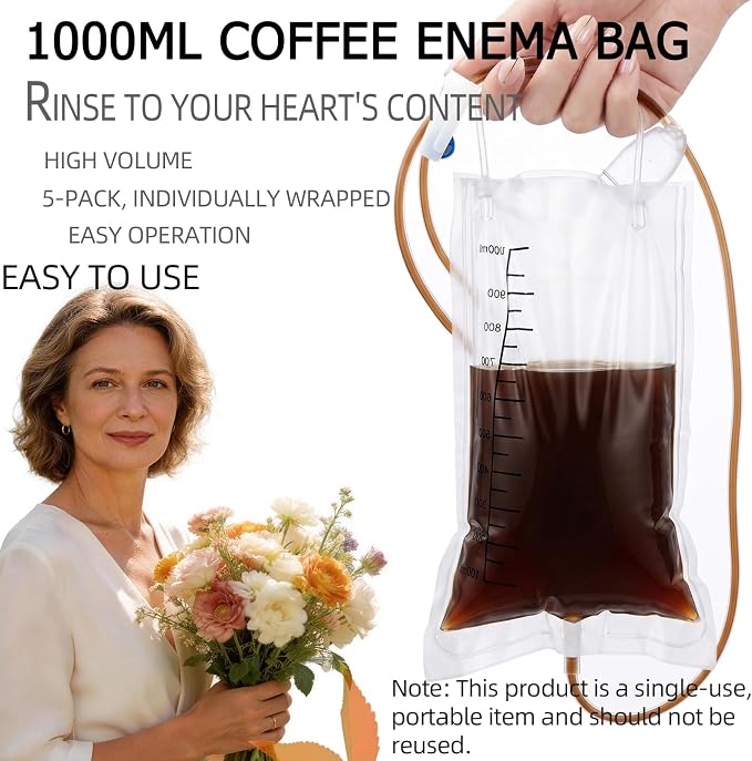 5Pack 1000ML Enema Cleaning Douche System，Travel Enema Kit for Colon Cleansing，Douche Enema Kit for Women & Men with Metal Hook,with 37.7in Hose Disposable Enema Bag Set