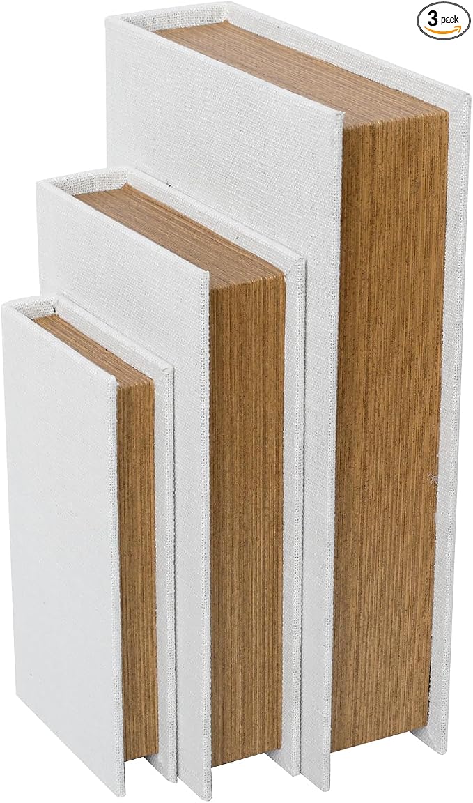 Decorative Book Boxes Set of 3,Modern Faux Linen Hidden Storage, Off White | For Coffee Table – Stackable Fake Books for Shelf Decor, Remote Control & Jewelry Organizer