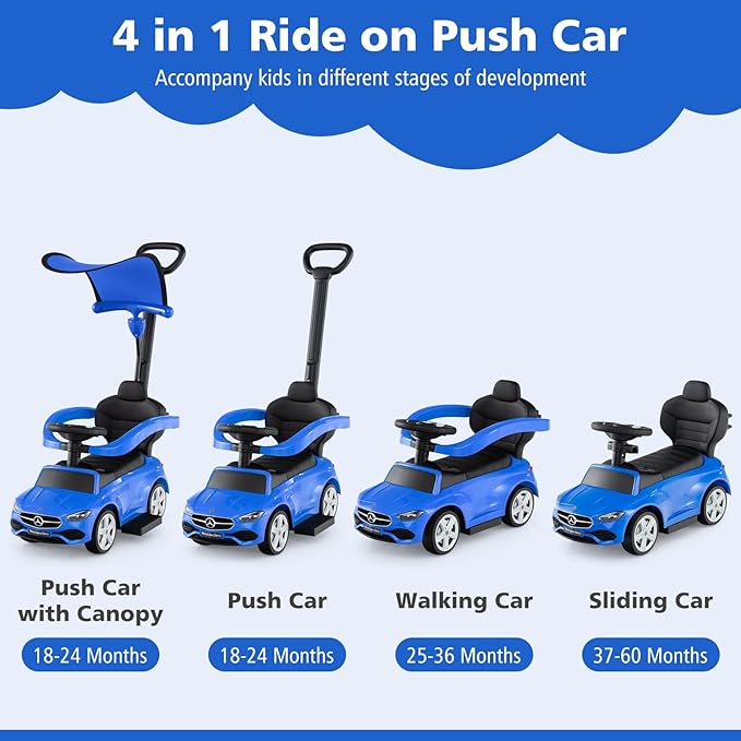 Licensed Mercedes Benz Push Car for Toddlers by INFANS, 3 in 1 Sliding Walking Car with Push Handle, Horn, Music, Underneath Storage, Foot-to-Floor Ride on Toys for Boys Girls, Blue