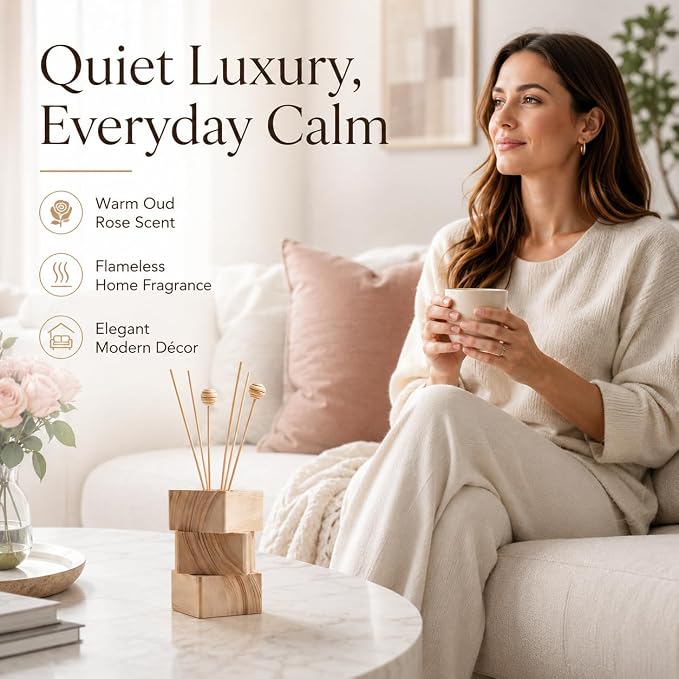 Oud Rose Reed Diffuser for Home, Luxury Hotel Collection Scent Inspired by Ritz Carlton, Long Lasting Fragrance, Minimalist Design, Bathroom Accessories/Bedroom Office Decor Gift, 3.34 Fl Oz