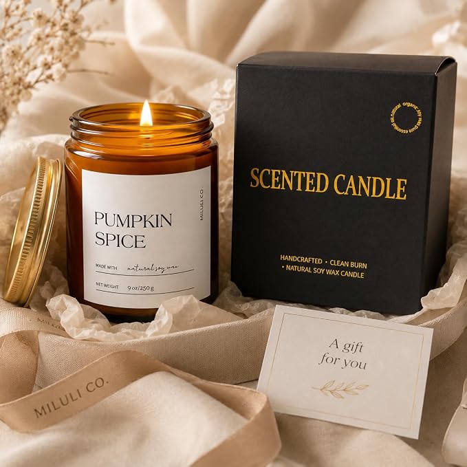 Pumpkin Spice Scented Soy Candle for Home, Natural Aromatherapy Candles with Essential Oils, Nontoxic Clean Burn, Strong Balanced Scent, 50 Hour Longlasting, Amber Jar Candel for Relax(9oz)