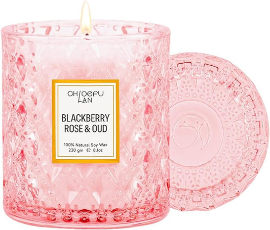 Rose Scented Candle, Oud Candle, Mothers Day Candles Gifts for Women, Pink Candles for Home Scented, 55 Hours Long Burning, 100% Natural Soy Wax