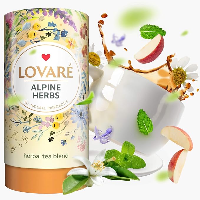 LOVARE Alpine Herbs Loose Leaf Tea 80 g - Made in Ukraine – Herbal tea blend, Lemongrass, Chamomile Flowers, Rose Hips, Orange Peel and Blossom, Blackberry Leaves, and More with 15 Paper Filters (Alpine Herbs)