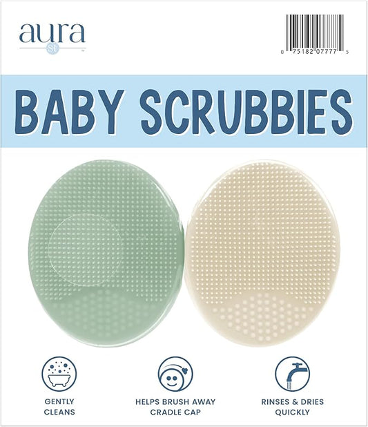S&T INC. Exfoliating and Massaging Cradle Cap Bath Brushes for Baby, Silicone - 2 Inch x 2.5 Inch, Sage Green & Cream, 2 Pack