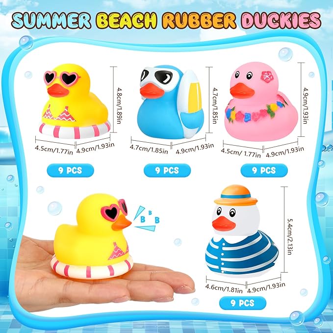 Honoson Summer Beach Rubber Duckies Bulk Mini Rubber Duck Bath Toys Float Bathtub Ducky Cute Squeaky Ducky for Classroom Carnival Summer Birthday Baby Shower Party Favor(4 Colors,36 Pcs)