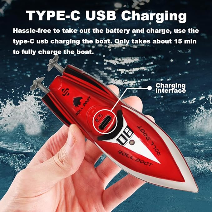 Mini Remote Control Boat RC Boat 2.4Ghz 360 Rotating bulit-in Rechargeable Battery Swimming Pool Toys Remote Control Boats for Kids 8-12 Years Birthday Gift Red