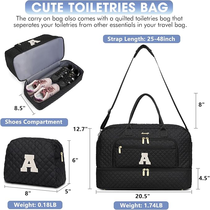Initial Travel Duffle Bag for Women - Black Personalized Weekender Bags Overnight Bag with Shoe Compartment & Wet Pocket Weekend Tote Bags with Toiletry Bag Monogram Gifts (Letter A)