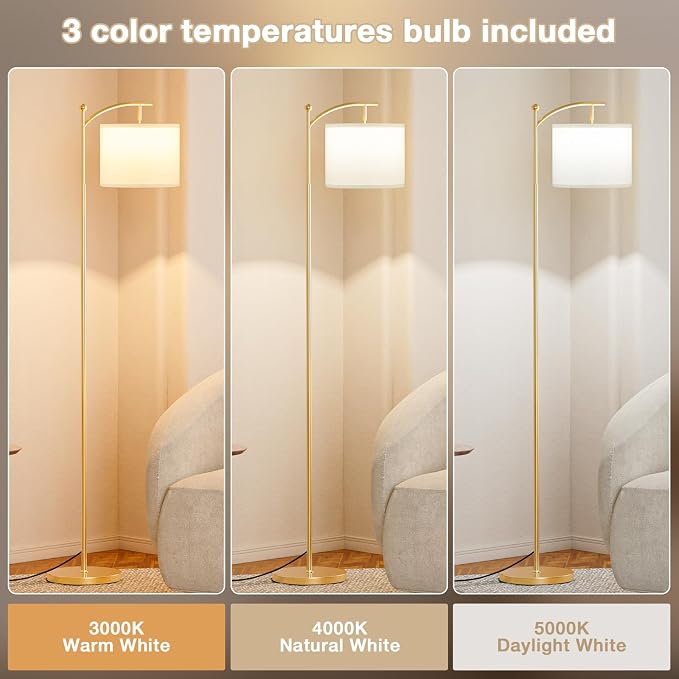 Ambimall 60" Floor Lamp for Living Room with 3 Color Temperatures, Adjustable White Shade with Gold Pole, Tall Lamp for Bedroom Office Classroom Dorm Room, 9W LED Bulb Included