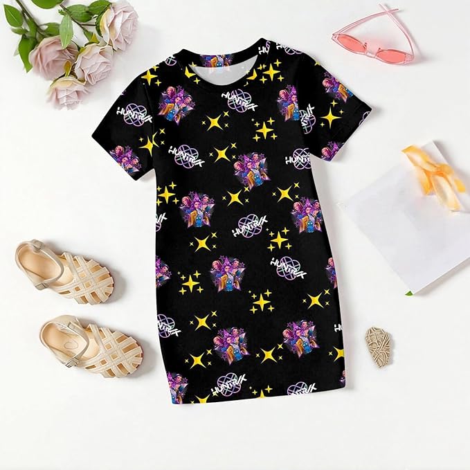 Girl's Anime K-POP Graphic Long Dress T-Shirt - Casual Loose Fit Short Sleeve Top