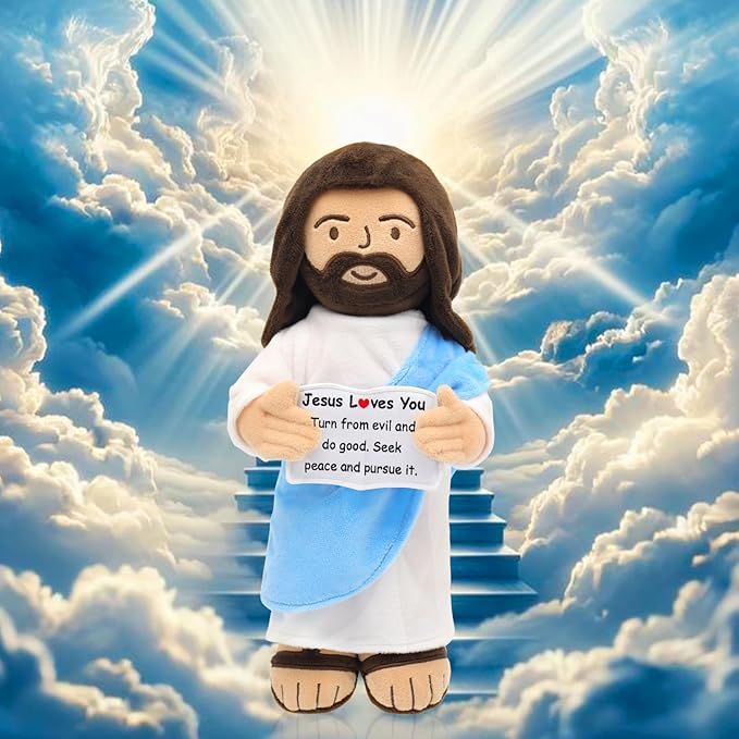 Jesus Plush, 13" Jesus Stuffed Plushie Doll with Positive Card for Christmas Religious Easter Church Sunday School Toy Gift for Kids (E)