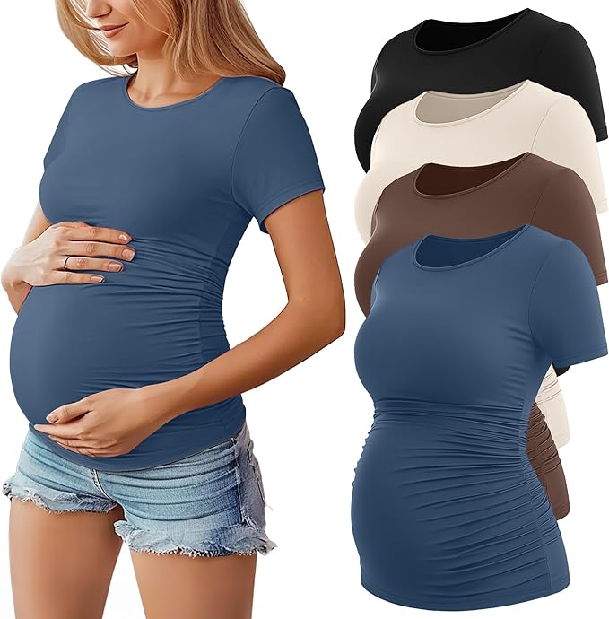 Huukeay 4 Pack Women's Maternity Shirts, Crew Neck Maternity Top Short Sleeve Casual Cotton Tee Side Ruched Pregnancy Clothes