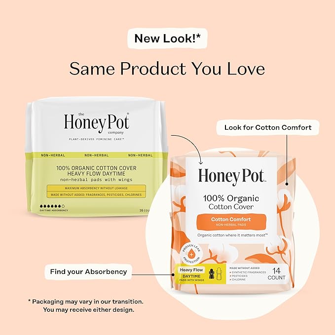 The Honey Pot Company - Sanitary Pads for Women - Non-Herbal Heavy Flow Daytime w/Wings - Organic Cotton Cover & Ultra-Absorbent Core - Feminine Care - 14 ct